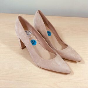 Marc Fisher Claire Nude Suede Block Heeled Pumps with Pointed Toe